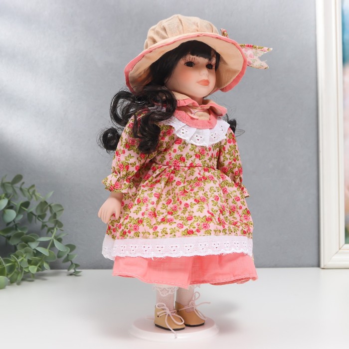 Кукла коллекционная керамика "Тася в розовом платье с розочками" 30 см 56179