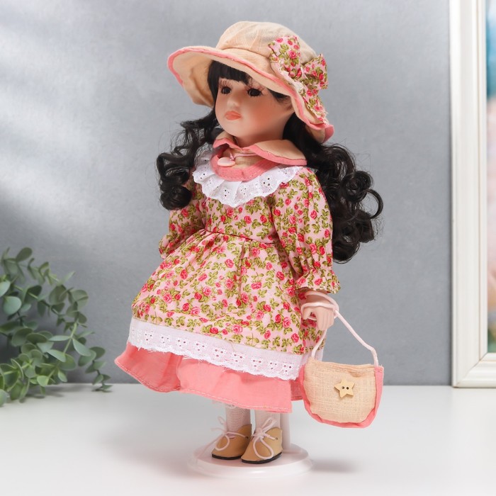 Кукла коллекционная керамика "Тася в розовом платье с розочками" 30 см 56179
