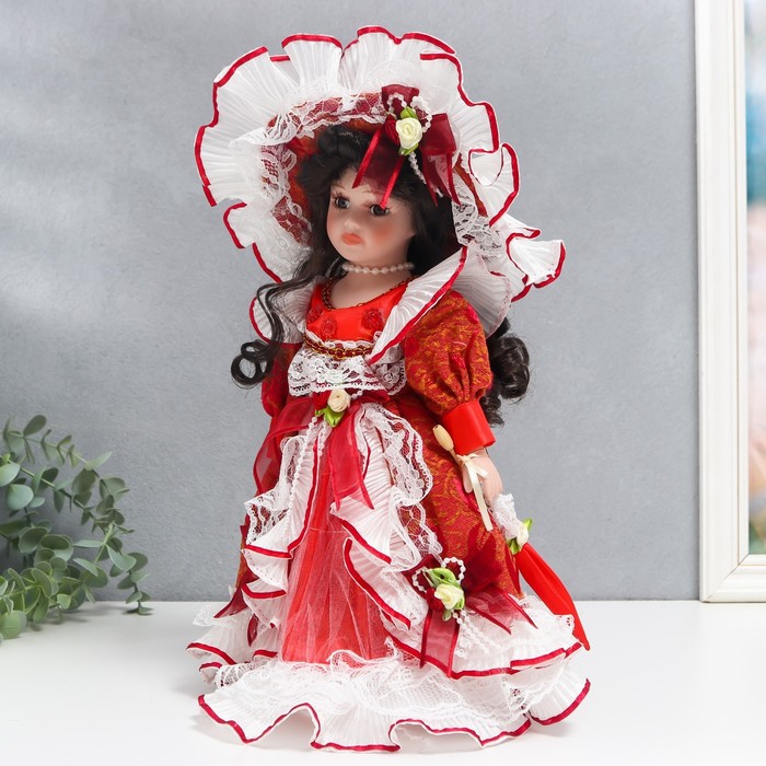Кукла коллекционная керамика "Кармен в красном платье с зонтиком" 30 см 56180