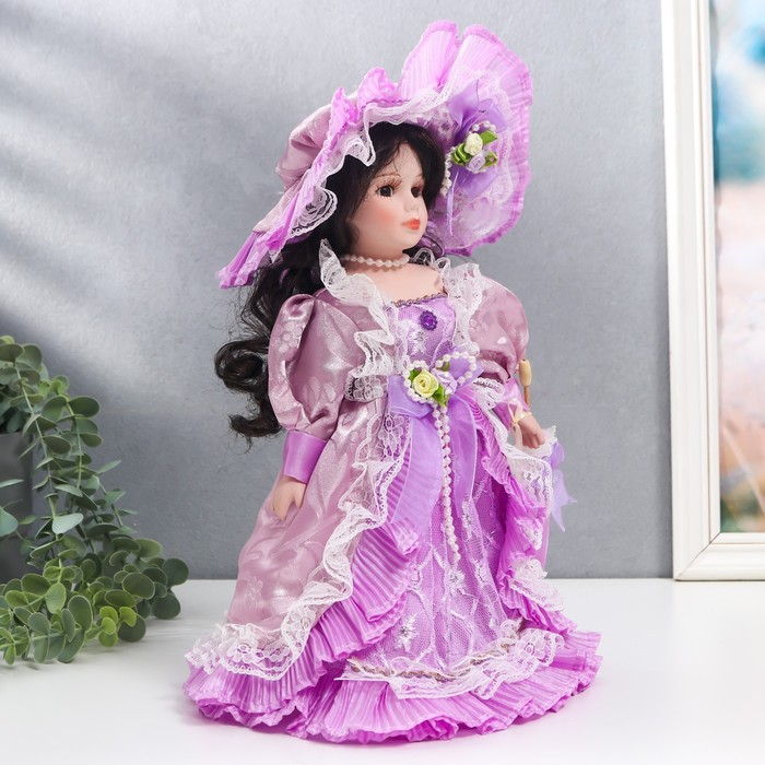 Кукла коллекционная керамика "Леди Мелисса в сиреневом платье с зонтом" 30 см 56181