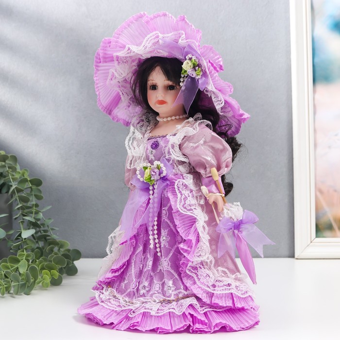 Кукла коллекционная керамика "Леди Мелисса в сиреневом платье с зонтом" 30 см 56181