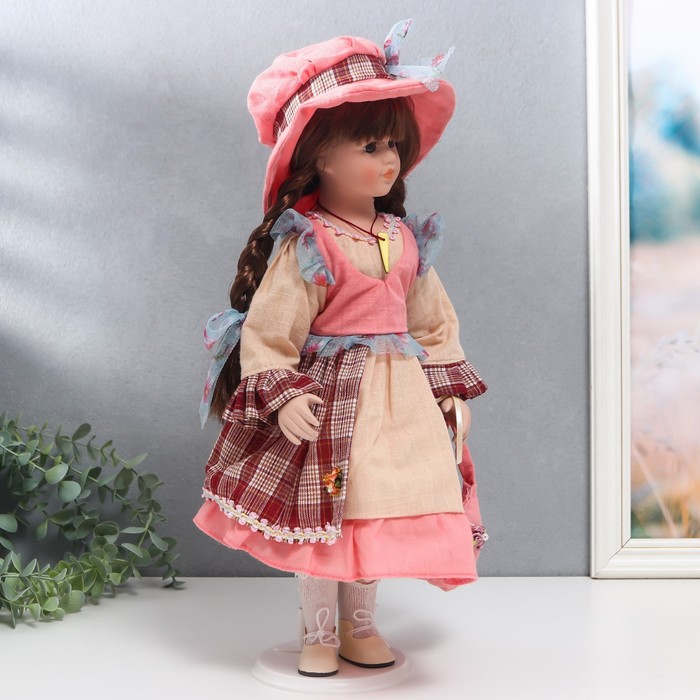 Кукла коллекционная керамика "Арина с косичками, в бежево-розовом платье" 40 см 56182
