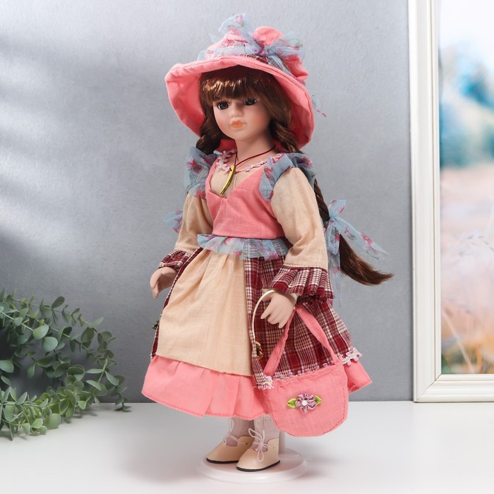 Кукла коллекционная керамика "Арина с косичками, в бежево-розовом платье" 40 см 56182