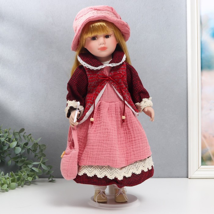 Кукла коллекционная керамика "Нина в розовом платье и бордовом жакете" 40 см - фото 1900195760