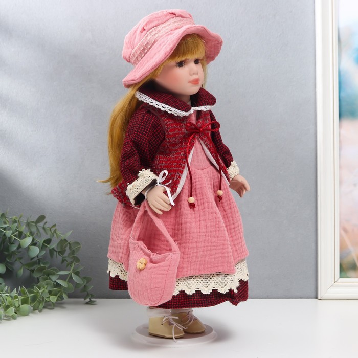 Кукла коллекционная керамика "Нина в розовом платье и бордовом жакете" 40 см - фото 1900195761