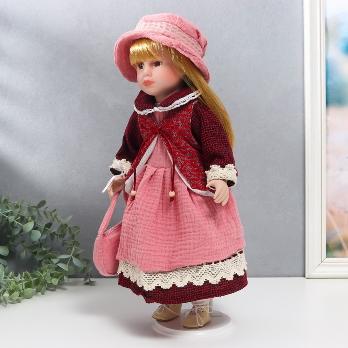 Кукла коллекционная керамика "Нина в розовом платье и бордовом жакете" 40 см - фото 1900195762