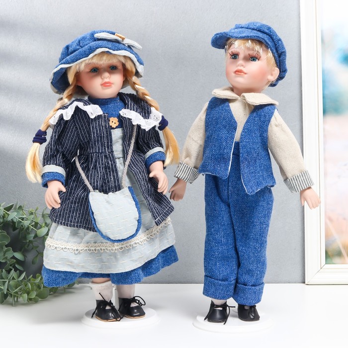 Кукла коллекционная парочка &quot;Наташа и Саша, синий вельвет&quot; набор 2 шт 40 см