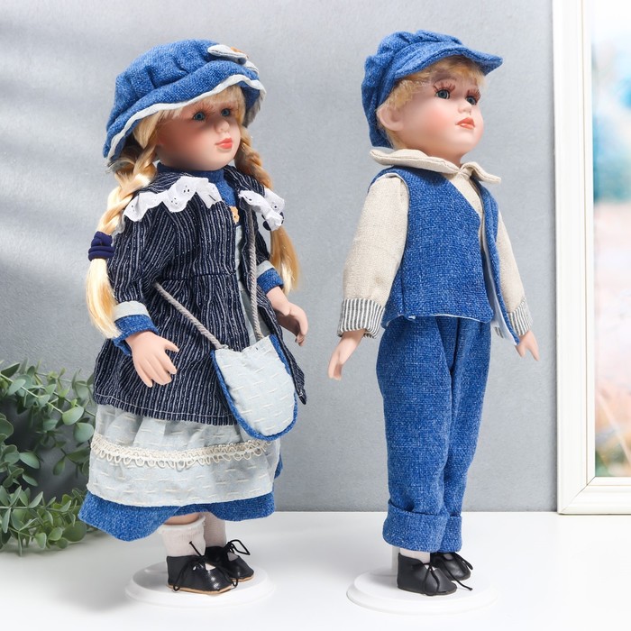 Кукла коллекционная парочка "Наташа и Саша, синий вельвет" набор 2 шт 40 см - фото 1911790827