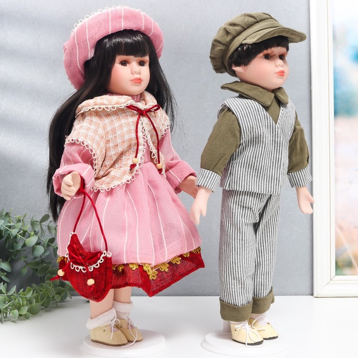 Кукла коллекционная парочка "Юля и Игорь, розовая полоска" набор 2 шт 40 см - фото 1911790835
