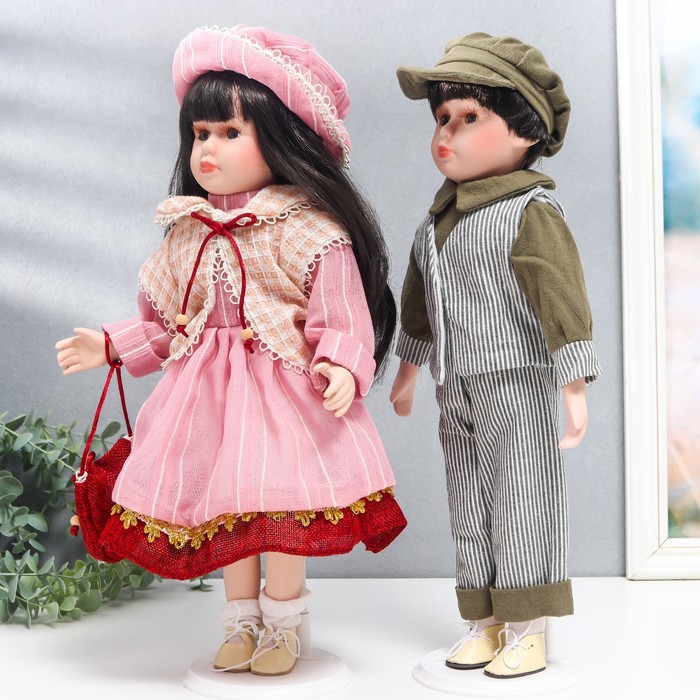Кукла коллекционная парочка "Юля и Игорь, розовая полоска" набор 2 шт 40 см - фото 1880998239