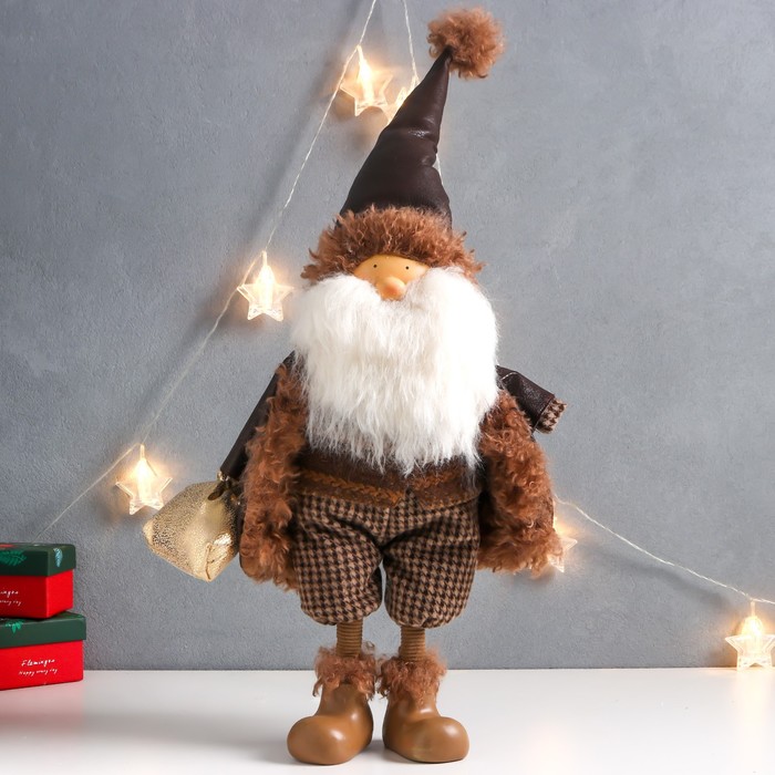 Кукла интерьерная &quot;Дед Мороз в коричневой шубке с мешком подарков&quot; 27х14х62 см