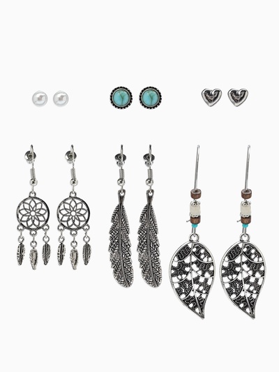 Набор серег QF «Хиппи», 6 пар, ловец снов, цветные в чернёном серебре