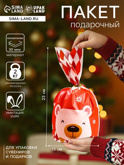 Пакет полиэтиленовый подарочный новогодний с ушками «Мишка», 13×23 см