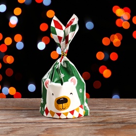 Пакет полиэтиленовый подарочный с ушками «Новогодний медведь», 13?23 см (комплект 20 шт)