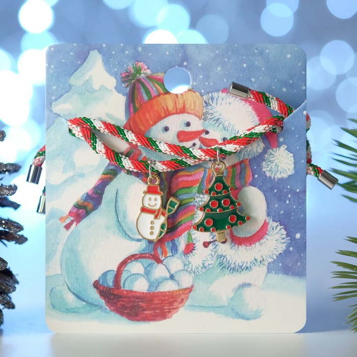 Браслеты новогодние "Неразлучники" снеговик и ёлка, на магните, цветные - Фото 1