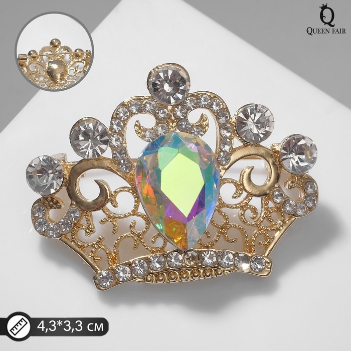 Брошь «Корона» с каплей, цвет радужно-белый в золоте - Фото 1