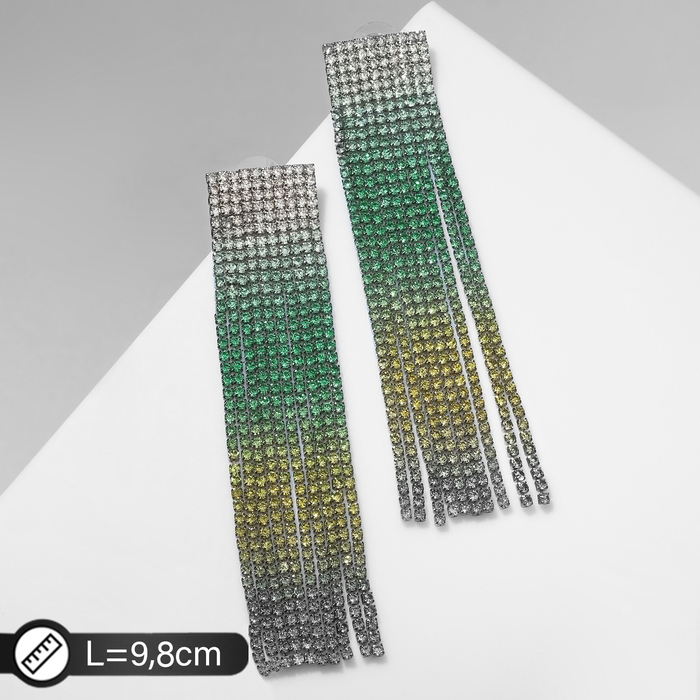 Серьги висячие со стразами «Водопад», градиент, цветные в серебре, 9.8 см