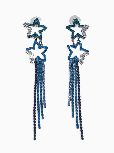 Серьги висячие со стразами «Водопад», звёзды, синие в сером металле, 11 см