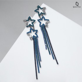 Серьги висячие со стразами «Водопад» звёзды, цвет синий в сером металле, 11 см