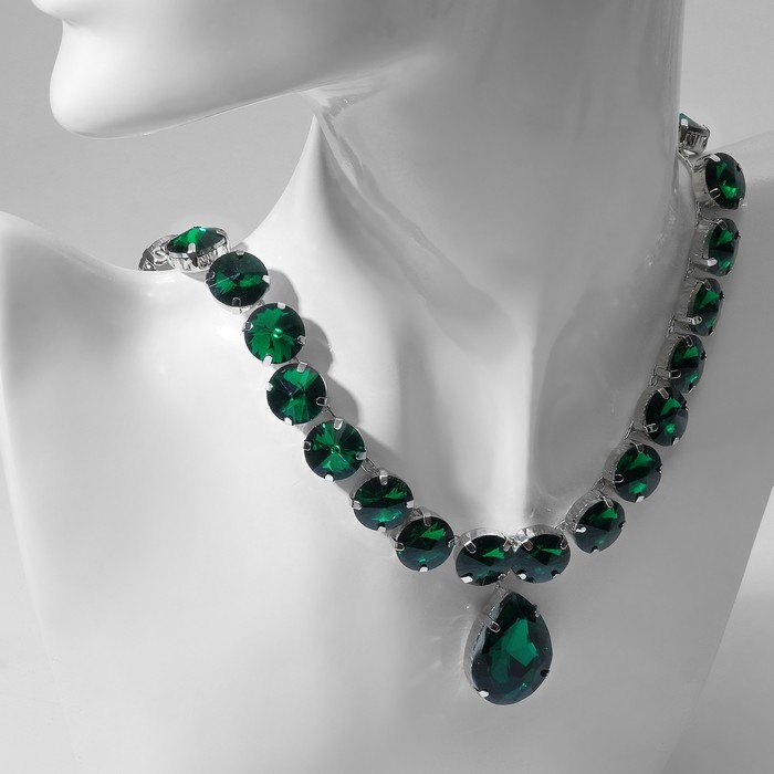 Колье «Драгоценность» капля, цвет изумрудный в серебре, 32.5 см - Фото 1