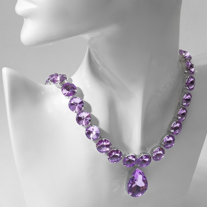 Колье «Драгоценность» капля, сиреневое в серебре, 32 см - Фото 1