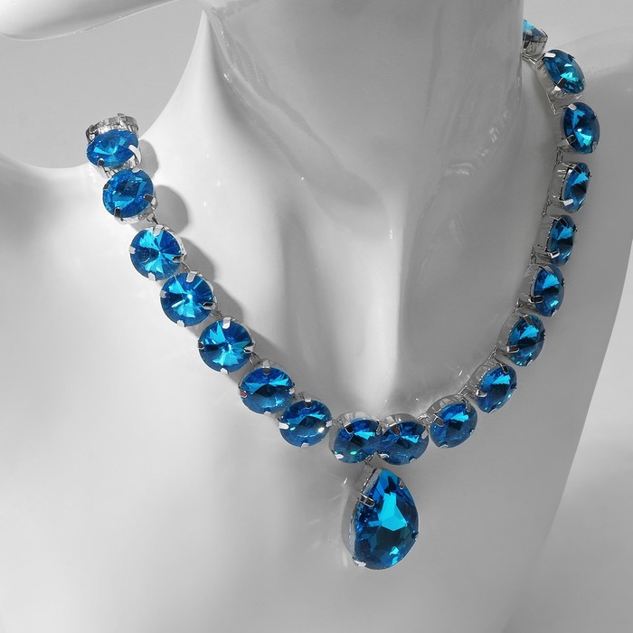 Колье «Драгоценность» капля, цвет голубой в серебре, 32,5 см - фото 1911792597