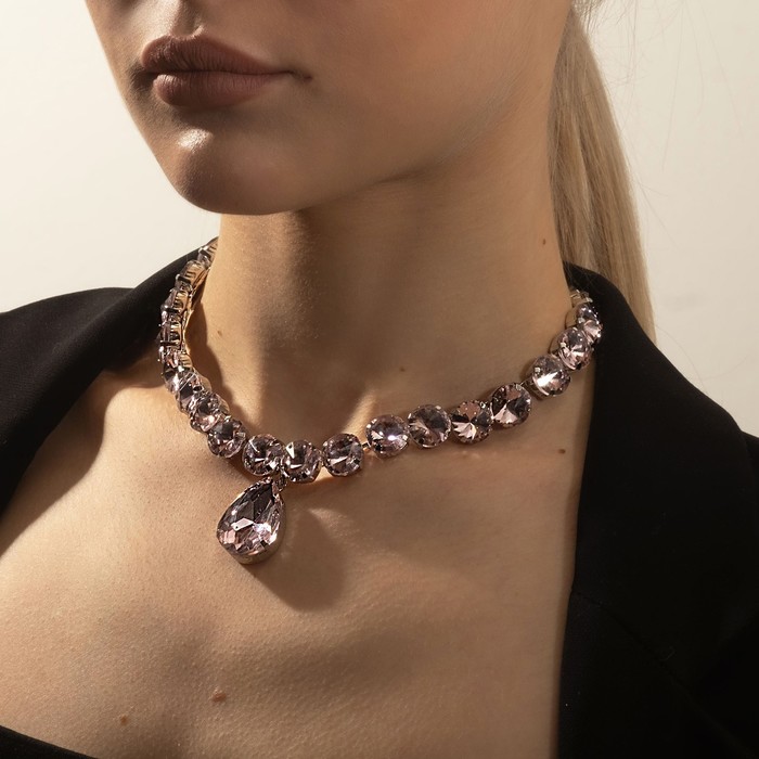 Колье «Драгоценность» капля, цвет розовый в серебре, 32 см - фото 1907512312