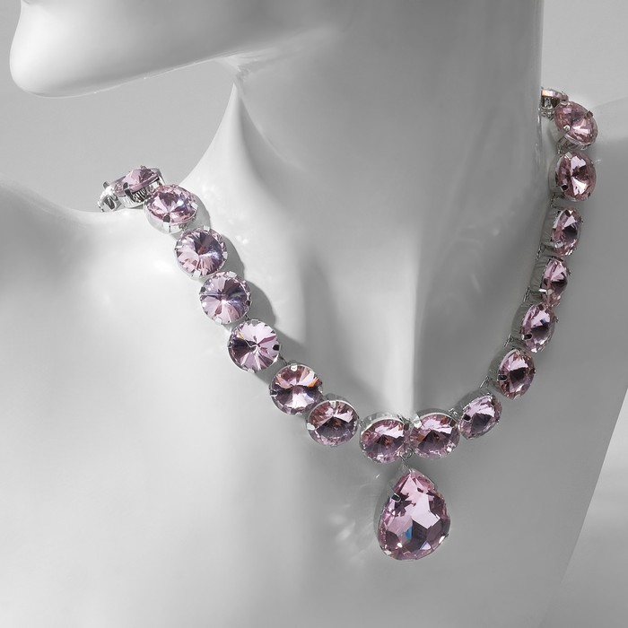 Колье «Драгоценность» капля, цвет розовый в серебре, 32 см - фото 1885445044