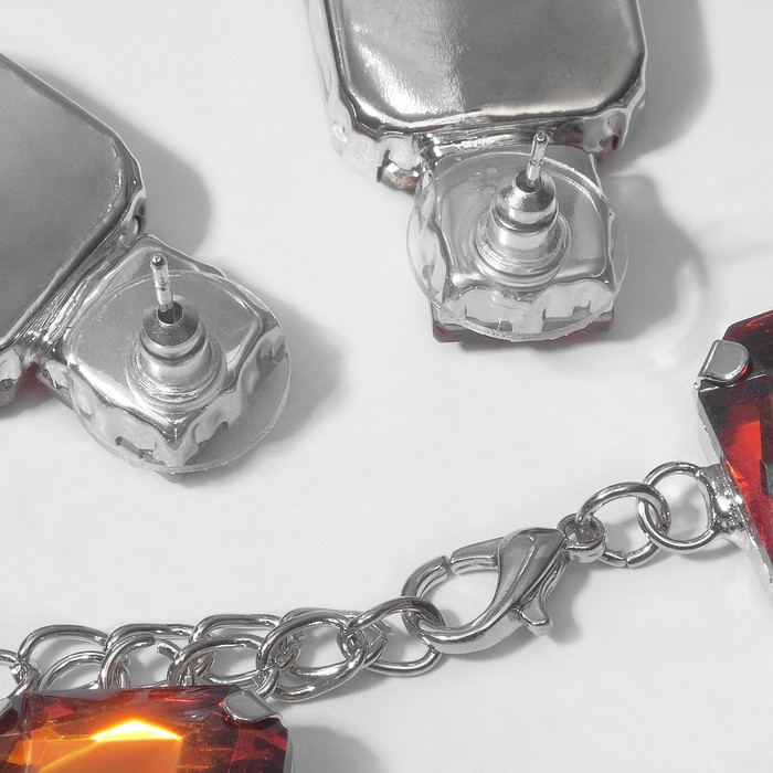 Набор 2 предмета: серьги, колье «Драгоценность» квадраты, цвет красный в серебре, 32 см - фото 1885445110