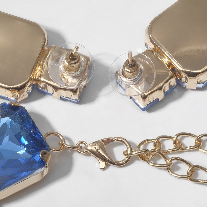 Набор 2 предмета: серьги, колье «Драгоценность» квадраты, цвет синий в золоте, 32 см - фото 1885445114