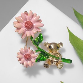 Брошь "Мишка" с цветочком, цвет розово-зелёный в золоте