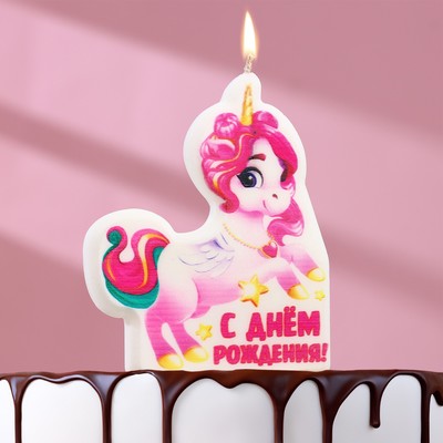 Свеча для торта "С днем рождения", розовый единорог, 7х6,5 см