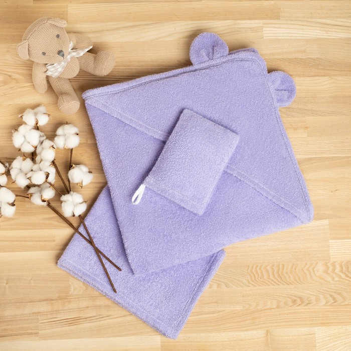 Набор для купания Крошка Я (полотенце-уголок 85*85±2см,полотенце 40*55см, рукавица), цвет сиреневый - Фото 1