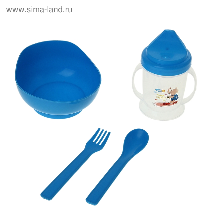 Набор детской посуды «Пупсик», 4 предмета: поильник 150 мл, миска 250 мл, ложка, вилка, цвета МИКС - Фото 1