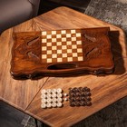 Нарды ручной работы "Орел атакующий" с ручкой, 60х30 см, с шахматным полем, массив ореха, Армения - Фото 2