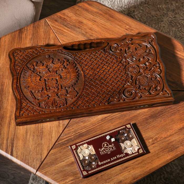 Нарды ручной работы "Герб России", глубокая резка, с ручкой, 60х30 см, с шахматным полем, Армения - Фото 1