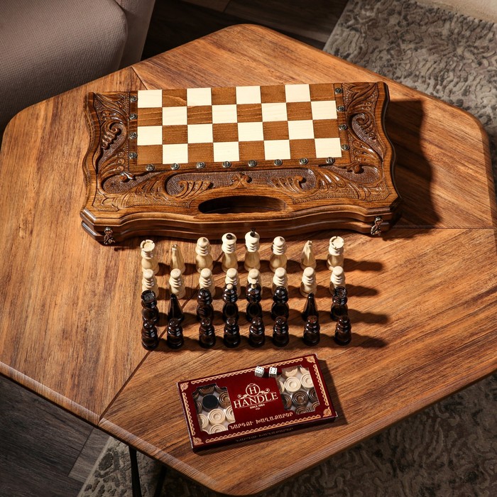 Шахматы-нарды ручной работы Универсал, с ручкой, 50х27 см, массив ореха, Армения