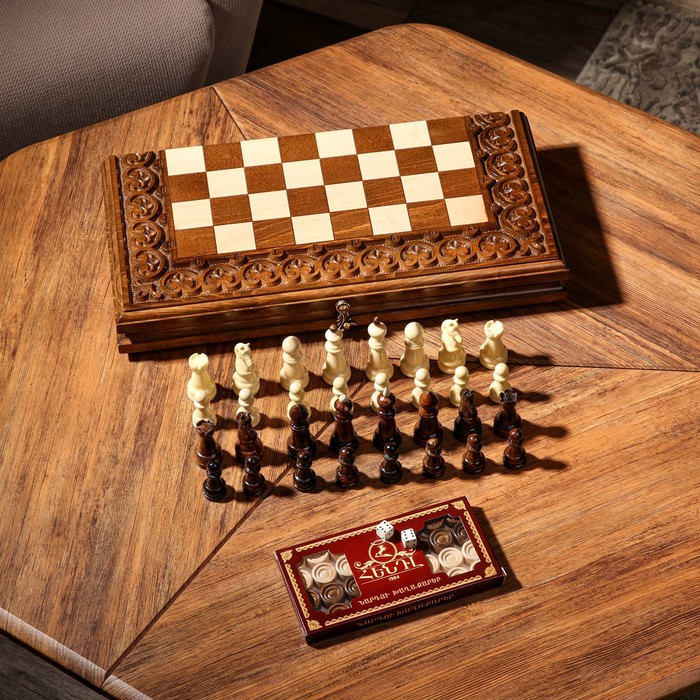 Шахматы-нарды ручной работы "Узоры с резкой", 40х20 см, массив ореха, Армения - Фото 1