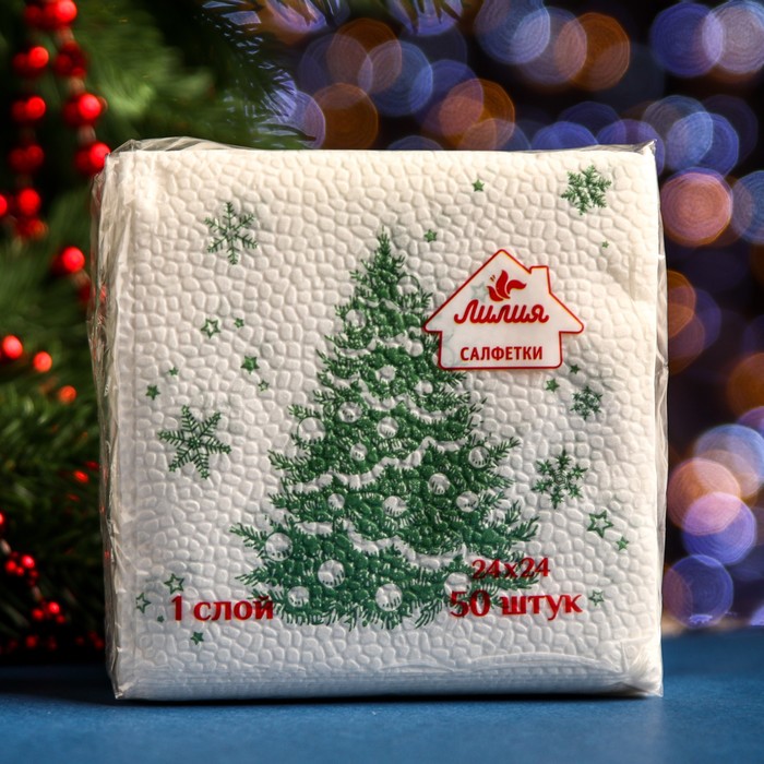 Салфетки бумажные Лилия 24х24 с рисунком Новогодняя ель1сл 50л.