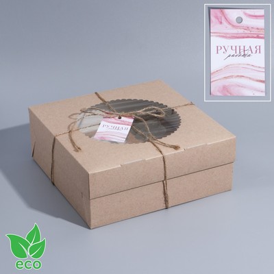 Коробка для капкейка, кондитерская упаковка с шильдиком, 6 ячеек, «Ручная работа», 23.5 х 23.5 х 10 см