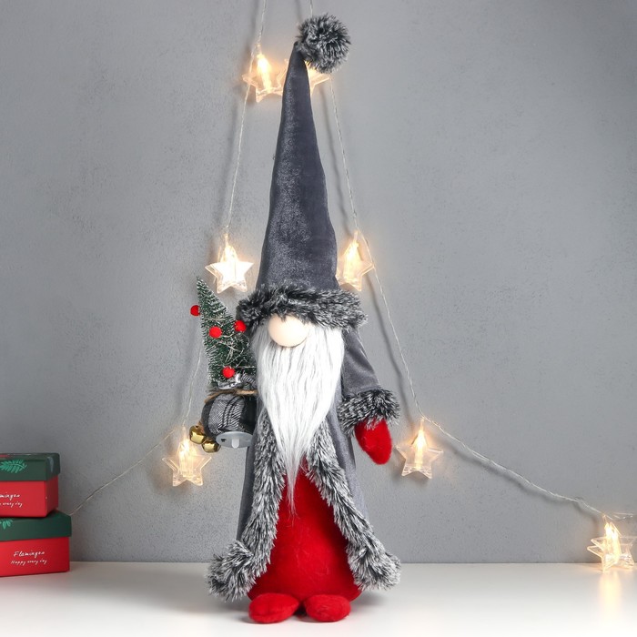 Кукла интерьерная &quot;Дед Мороз с ёлкой в мешке, серая бархатная шуба&quot; 51х18х18 см