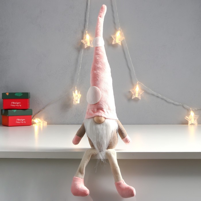 Кукла интерьерная "Дед Мороз в розовом колпаке с кружочками" длинные ножки 56х13х9 см - фото 1907513692