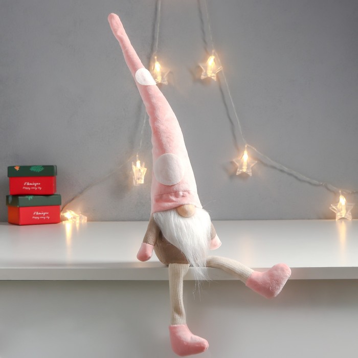 Кукла интерьерная "Дед Мороз в розовом колпаке с кружочками" длинные ножки 56х13х9 см - фото 1907513693