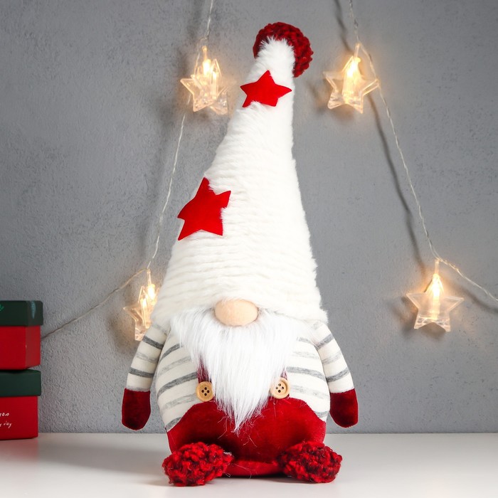Кукла интерьерная "Дед Мороз в красном комбинезоне, в колпаке со звёздами" 35х16х14 см - фото 1907513700