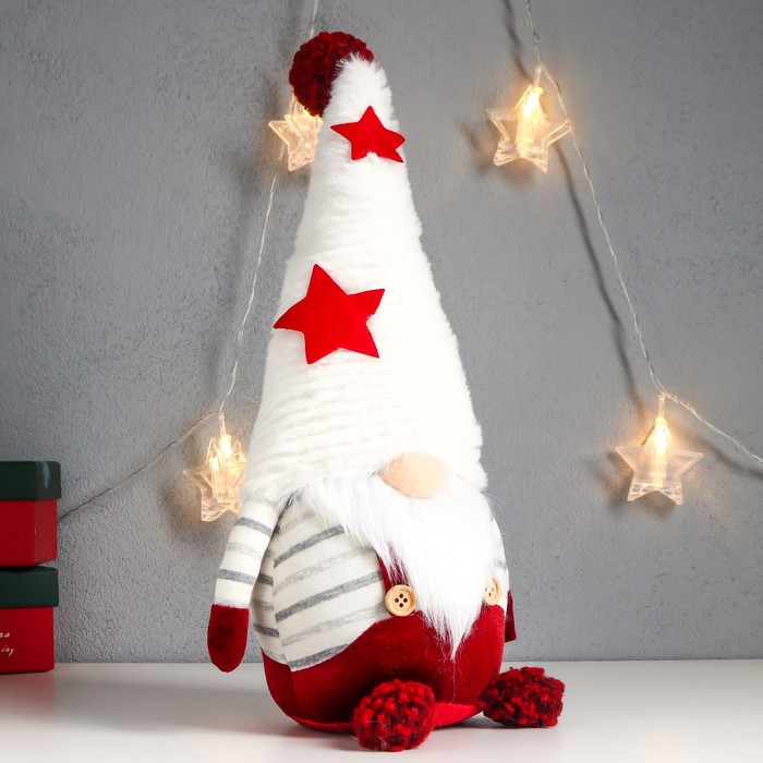 Кукла интерьерная "Дед Мороз в красном комбинезоне, в колпаке со звёздами" 35х16х14 см - фото 1907513701