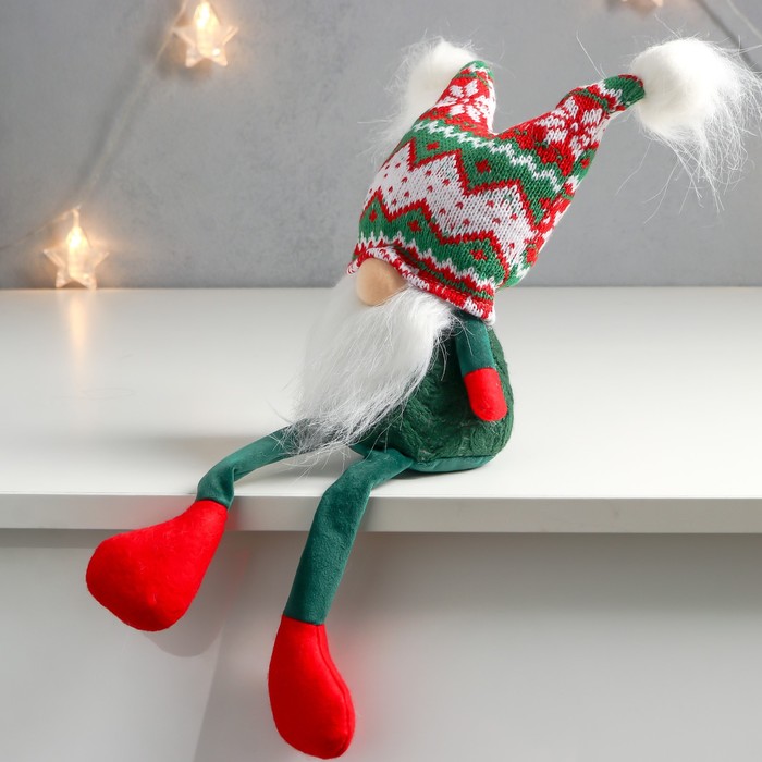 Кукла интерьерная "Дед Мороз в шапке с зелёными узорами, с бомбошками" 41х13х10 см - фото 1907513732