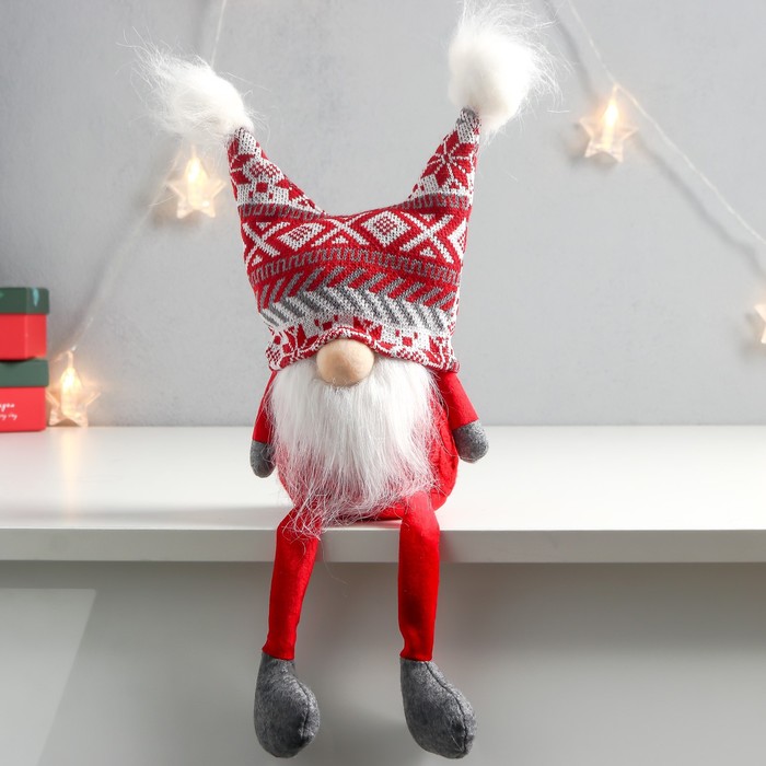 Кукла интерьерная "Дед Мороз в шапке с красными узорами, с бомбошками" 41х13х10 см - фото 1907513734