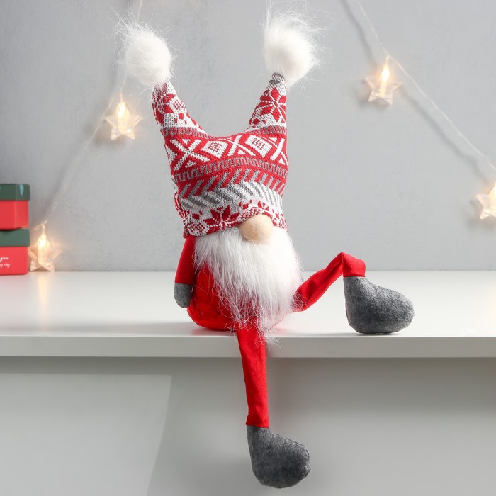 Кукла интерьерная "Дед Мороз в шапке с красными узорами, с бомбошками" 41х13х10 см - фото 1907513735