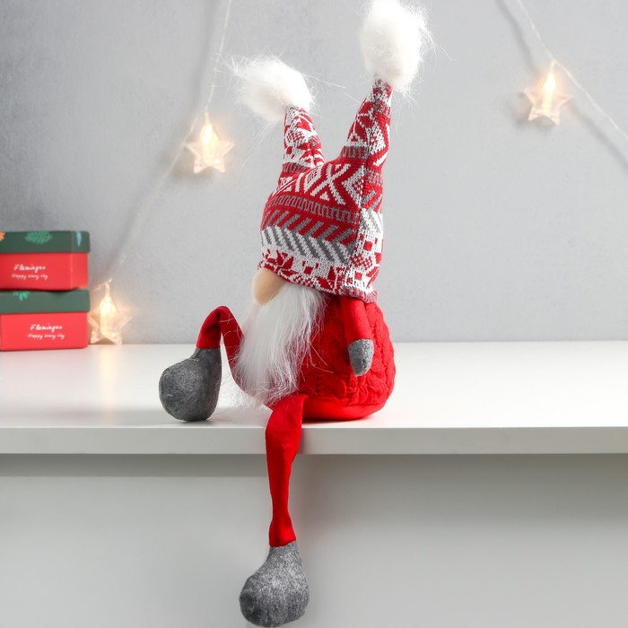 Кукла интерьерная "Дед Мороз в шапке с красными узорами, с бомбошками" 41х13х10 см - фото 1907513736