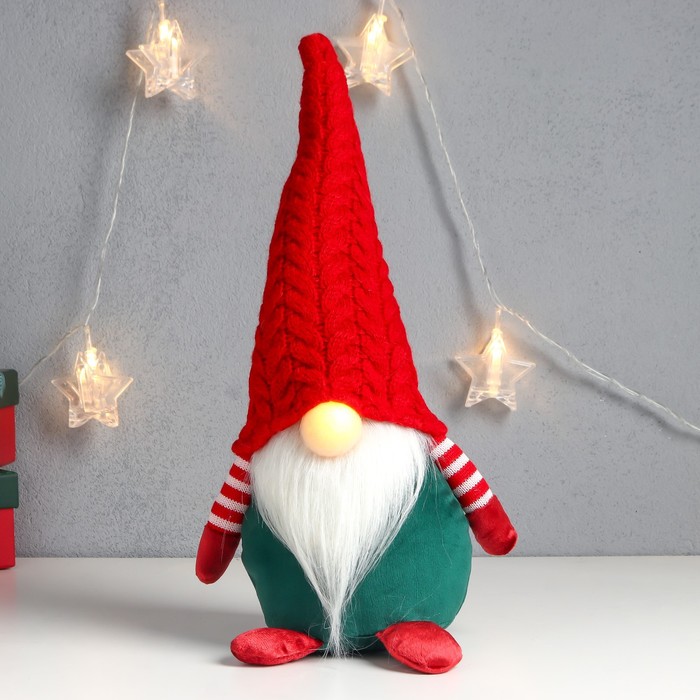 Кукла интерьерная свет "Дед Мороз светящийся нос, в красном колпаке заг-заг" 33х15х12 см - Фото 1